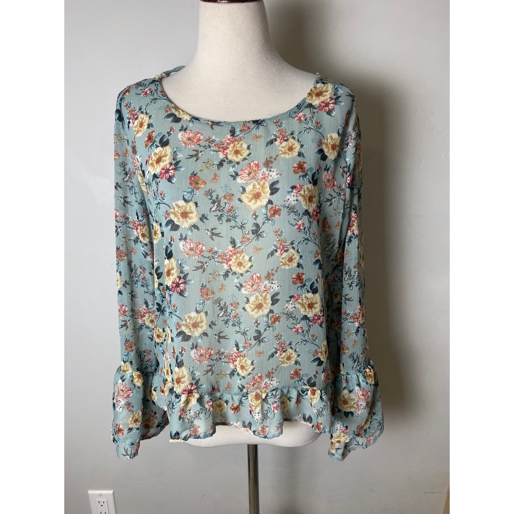 Haute Monde Floral Butterfly Open Back Ruffle Blouse Sage Green Medium
